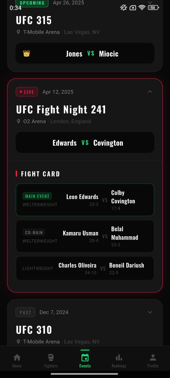 MMA fan profile screen